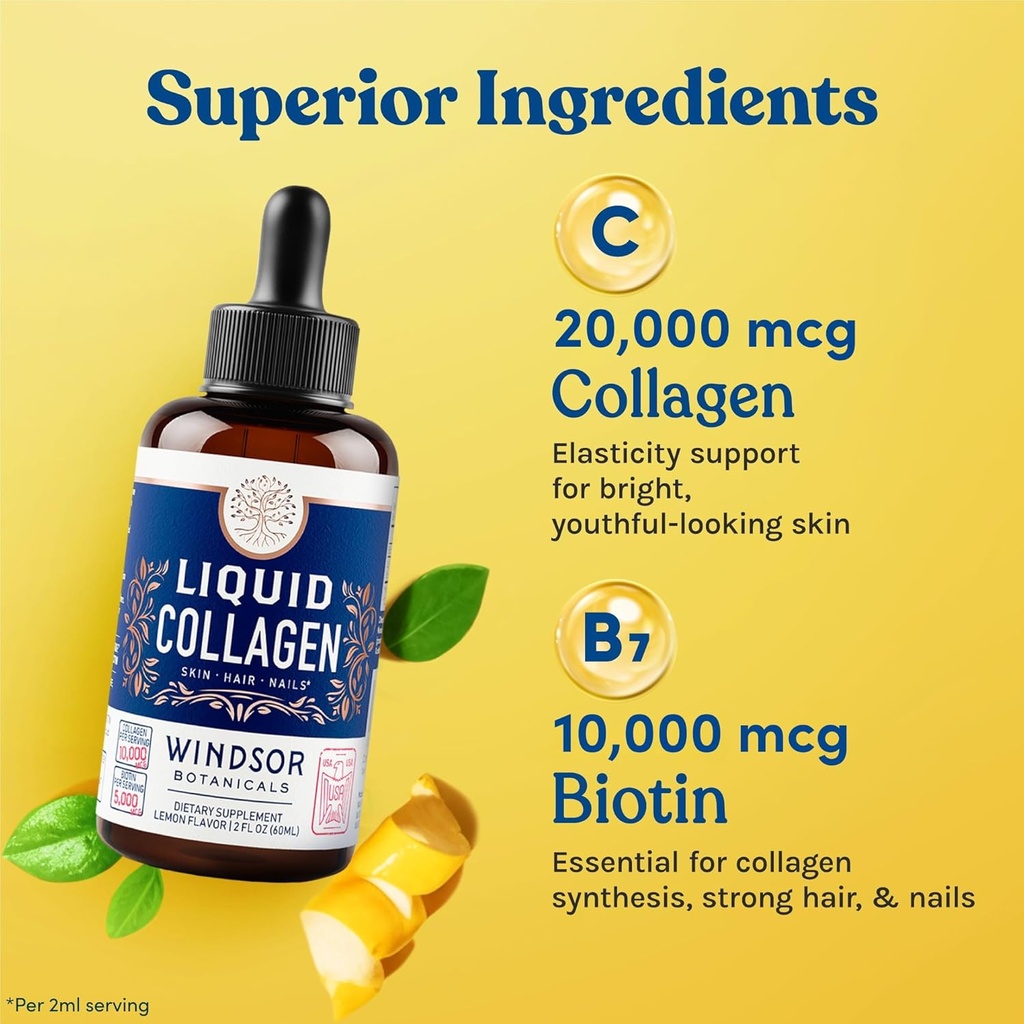 Liquid Collagen with Ashwagandha and L-Theanine - High Absorption 100,000 mcg Hydrolyzed Collagen Peptides Liquid Drops - Hair, Skin, Nails Health - Mood, Energy Levels Support – 2oz, 60 Servings. 5