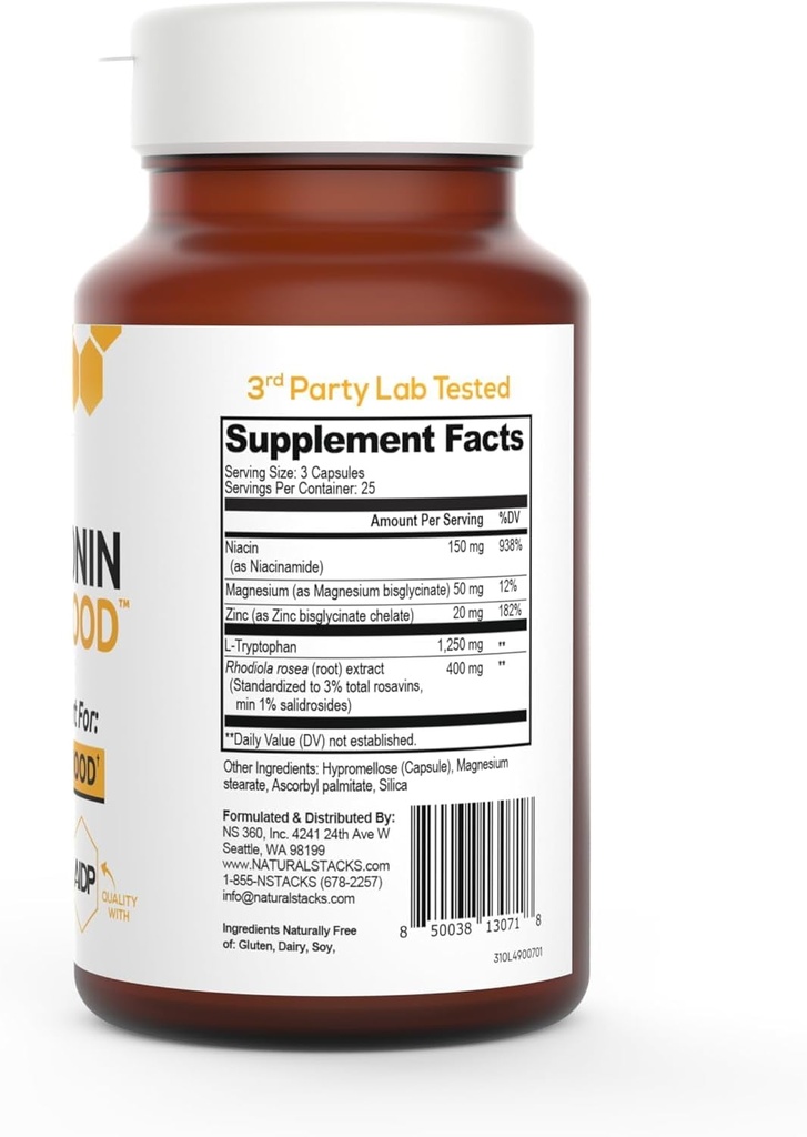 NATURAL STACKS Serotonin Brain Food w/L-Tryptophan & Rhodiola Rosea - Mood Support Supplement - Promotes Positive Mood, Calmness, Stress Relief - Happy Mood & Brain Support Supplement - 75 Capsules 6