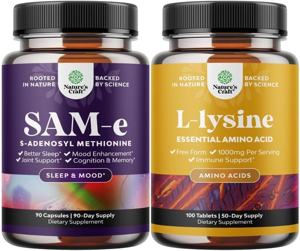 Bundle of Pure SAM E Supplement 150mg - Nootropic Same 150mg Per Serving for Memory & Brain Support and L Lysine 1000mg Free Form - L-Lysine Supplement for Eye Health Lip Care Collagen Synthesis 2
