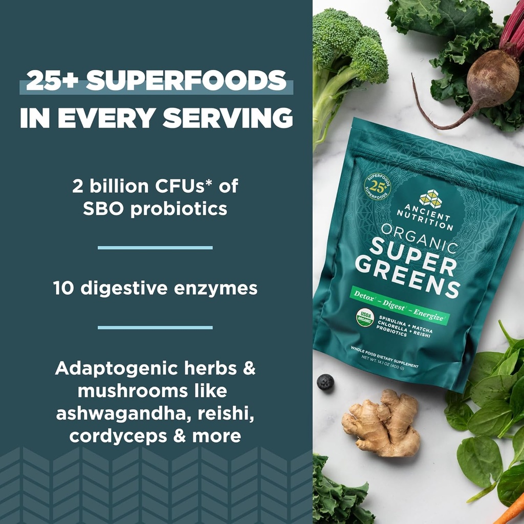 Ancient Nutrition Super Greens Powder, Organic Superfood Powder with Probiotics Made with Spirulina, Chlorella, Matcha, and Digestive Enzymes, 50 Servings, 14.1 oz 5