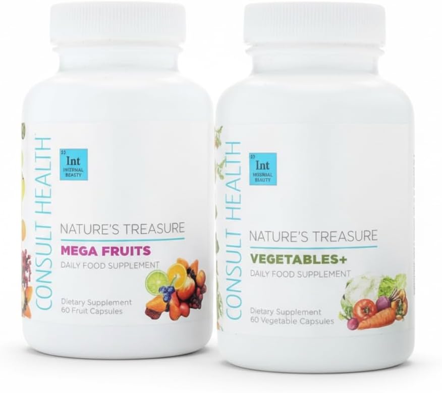 Consult Health Nature's Treasure, 60 Mega Fruit and 60 Veggie Capsules,100% Whole Natural Green and Red Superfood Plant Based Nutrition, Supports Energy Levels, Grown and Made in The USA - (2Pack) 2