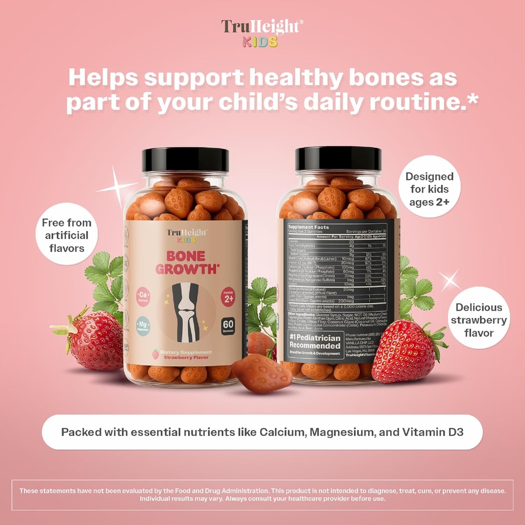 TruHeight Kids Bone Growth Gummies (Strawberry, Ages 2+) All Natural Kids & Toddler Vitamins - Vitamin D, Calcium, K2, Magnesium Multivitamin - Natural Growth & Development, Builds Strong Bones, Vegan 5