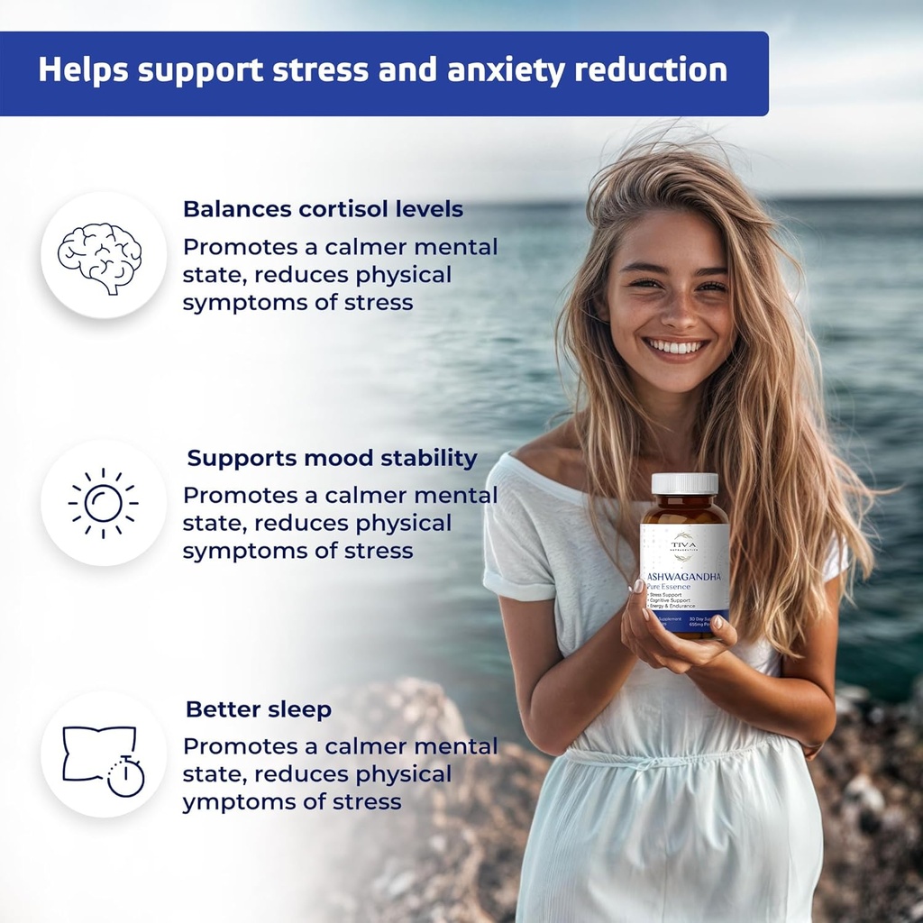 TIVA Ashwagandha Capsules 650mg with Black Pepper Extract – Natural Support for Stress, Metabolism, Immune Function & Mood – Vegan, Non-GMO, Lab-Tested – 60 Herbal Capsules 4