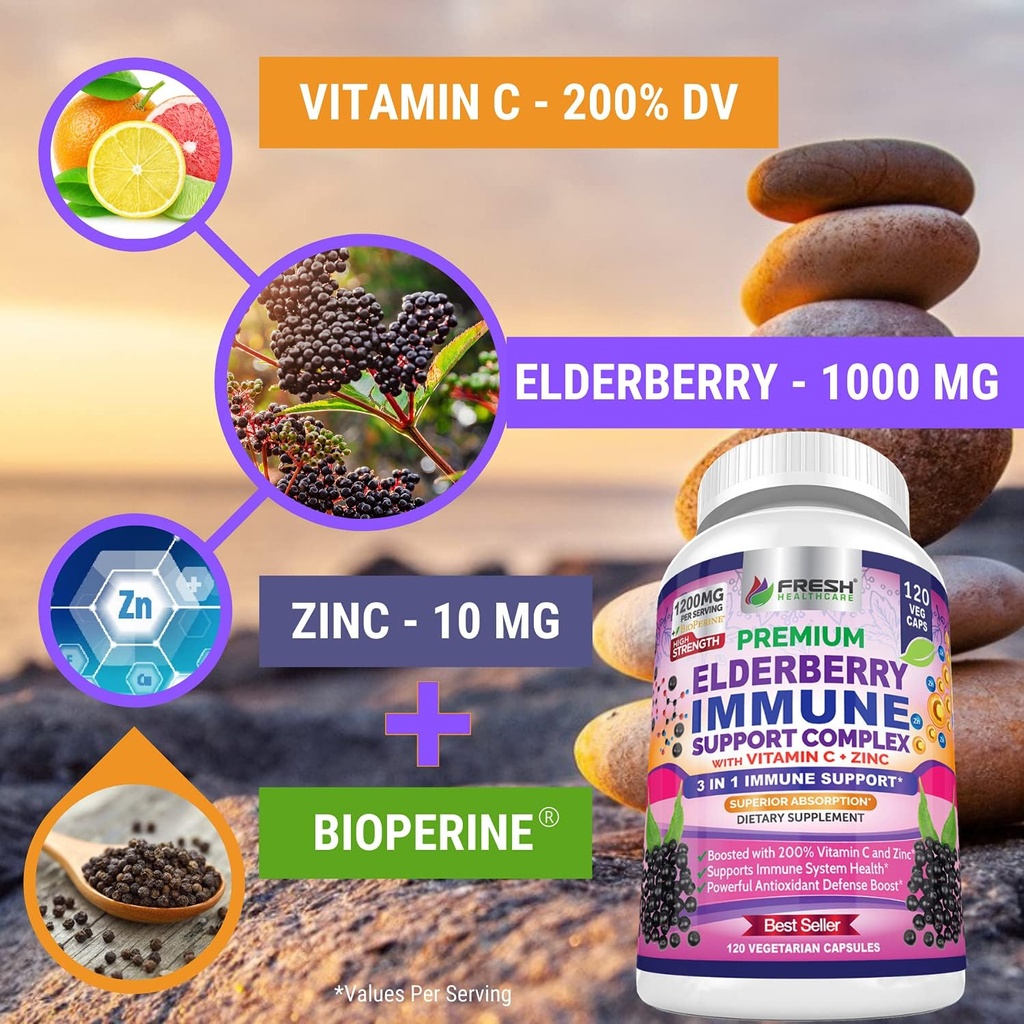 FRESH HEALTHCARE Elderberry Capsules - High Potency Black Elderberry with Zinc & Vitamin C - Premium 3-in-1 Immune Support Vitamins for Adults 4