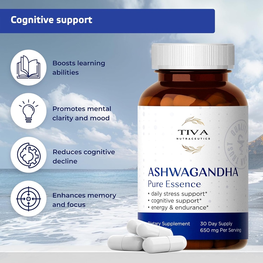 TIVA Ashwagandha Capsules 650mg with Black Pepper Extract – Natural Support for Stress, Metabolism, Immune Function & Mood – Vegan, Non-GMO, Lab-Tested – 60 Herbal Capsules 5