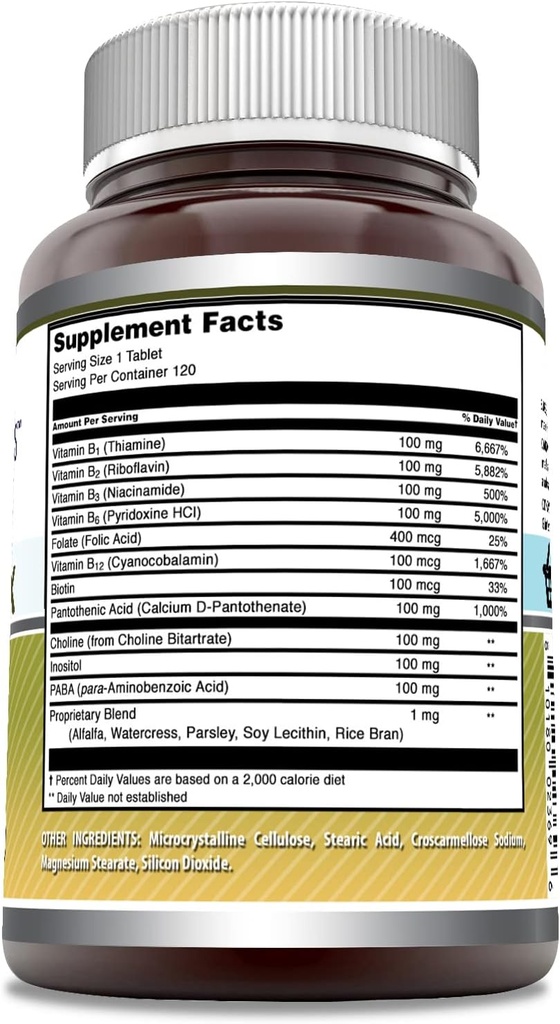 Amazing Formulas Vitamin B Complex with 11 Key Nutrients | 120 Tablets Supplement | Vitamin B1, B2, B3, B6, B12, Folic Acid, Biotin, Choline, Inositol, PABA 3