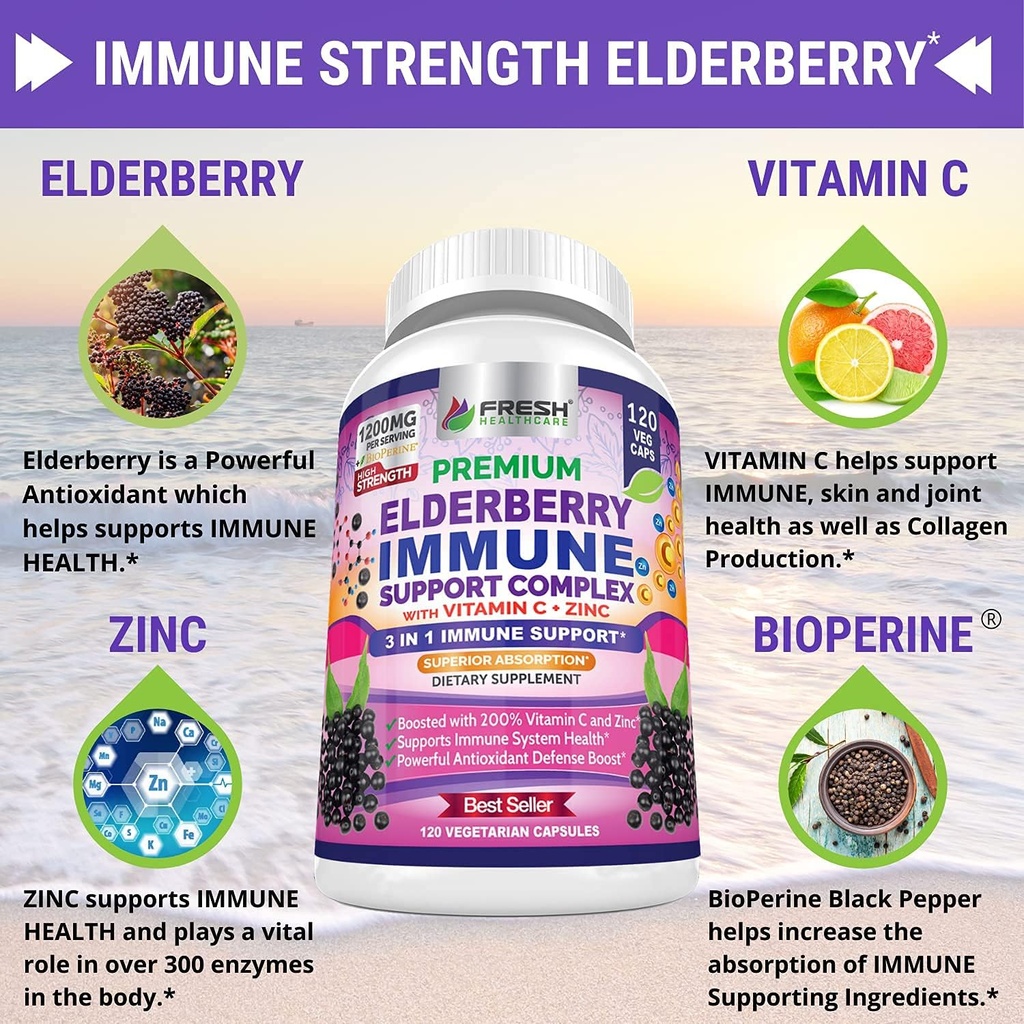 FRESH HEALTHCARE Elderberry Capsules - High Potency Black Elderberry with Zinc & Vitamin C - Premium 3-in-1 Immune Support Vitamins for Adults 6