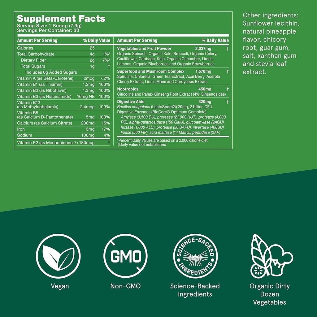 Bulletproof Greens, 8.4 Ounces, Daily Greens Powder for Daily Wellness, 35 Superfoods, and 15 Count Greens Packets Bundle 3