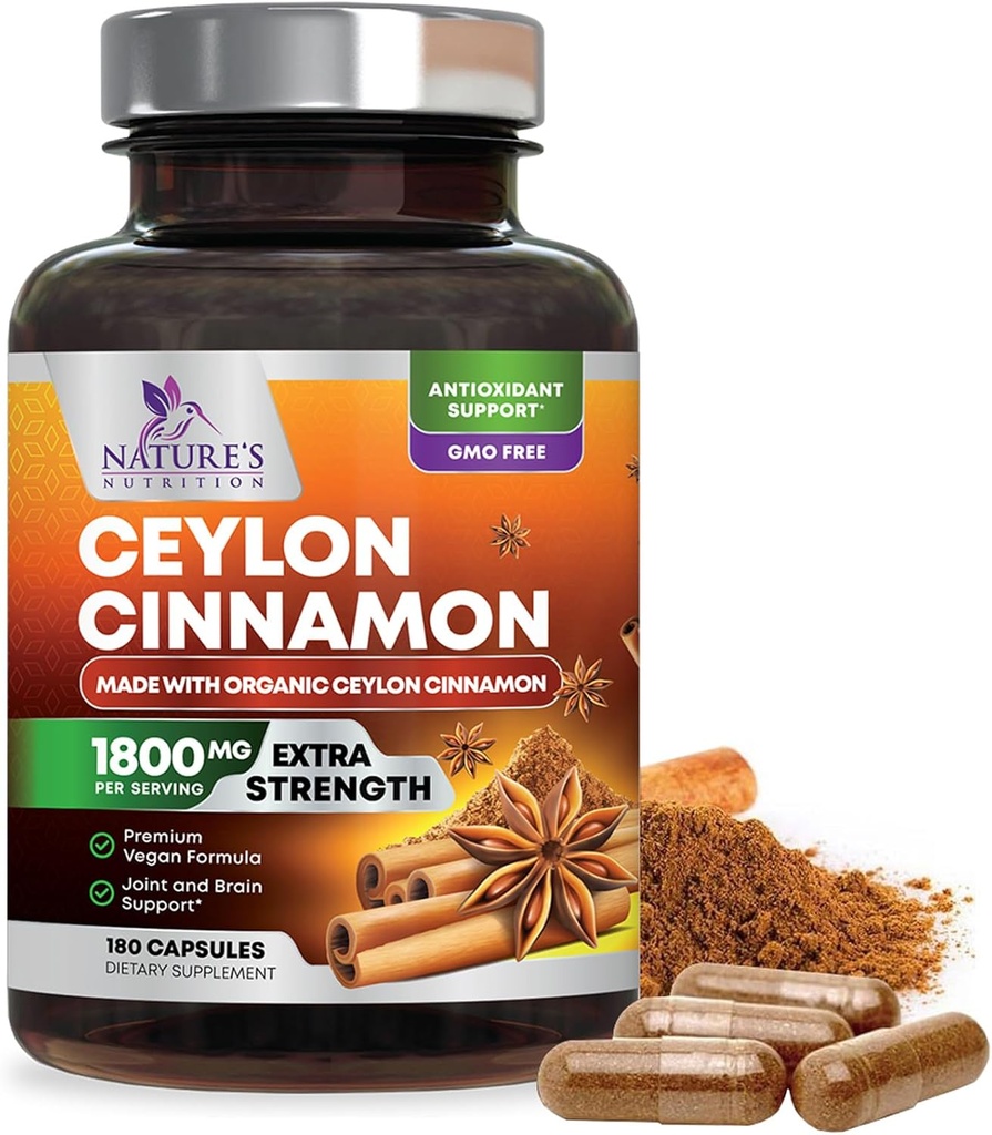 Organic Ceylon Cinnamon Supplement 1800mg - Certified Organic Ceylon Cinnamon Powder Pills - Energy & Heart Support for Women & Men, Bottled in USA, Antioxidant, Gluten Free, Non-GMO - 180 Capsules 2
