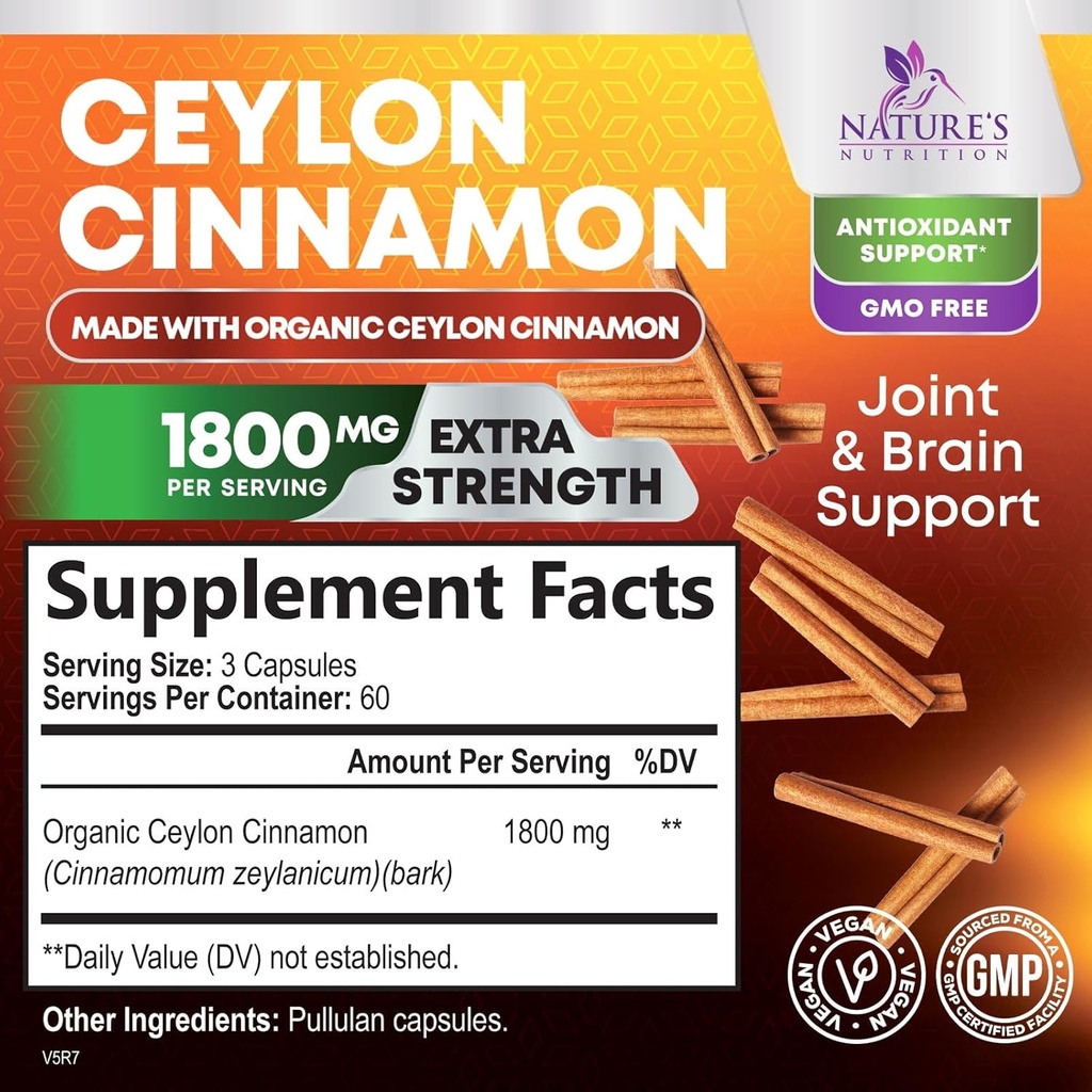 Organic Ceylon Cinnamon Supplement 1800mg - Certified Organic Ceylon Cinnamon Powder Pills - Energy & Heart Support for Women & Men, Bottled in USA, Antioxidant, Gluten Free, Non-GMO - 180 Capsules 3