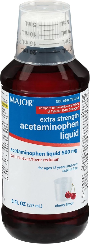 MAJOR Adult Extra Strength Liquid Acetaminophen 500mg - Helps Relieve Pain and Reduce Fevers - Aspirin Free - Cherry Flavor - 8 Fl Oz (1 Pack) 2