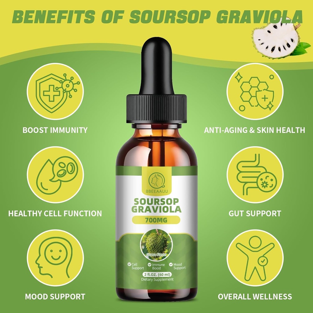 Soursop Graviola Liquid Drops, Soursop Leaves Extract for Immune, Antioxidant, Mood & Night Support, Soursop Bitters Liquid, High Absorption, Vegan, Gluten-Free, 2 Fl Oz 3