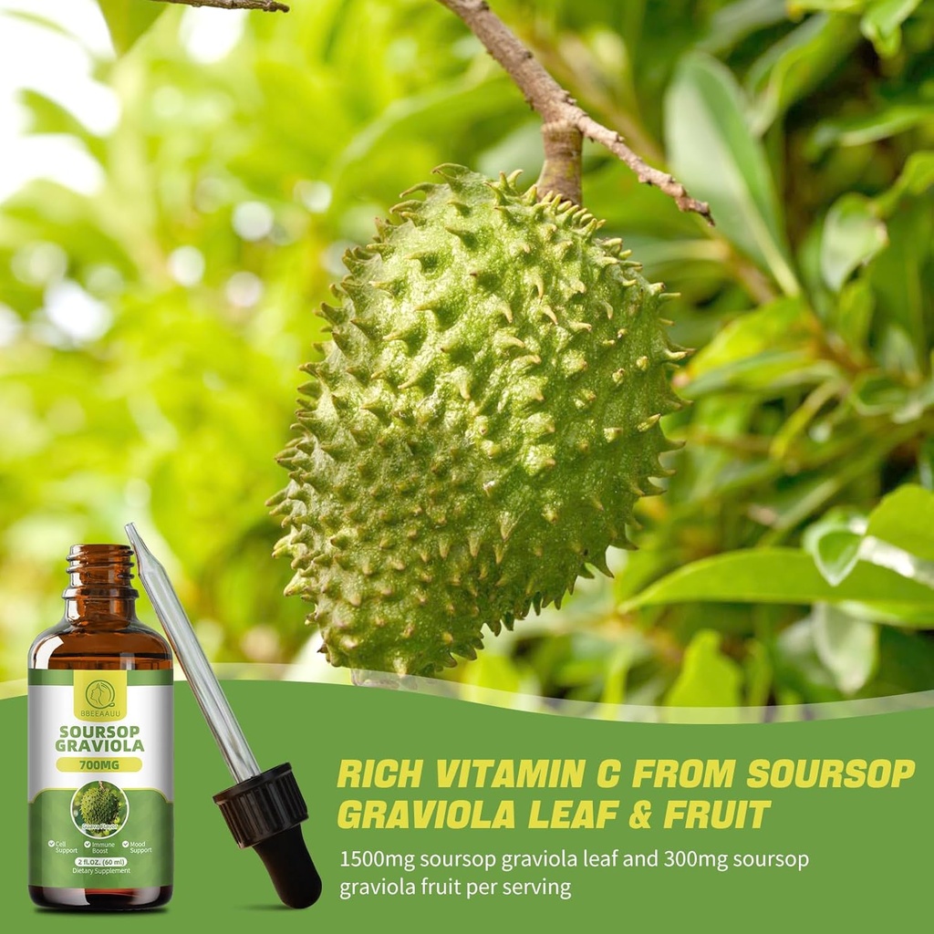 Soursop Graviola Liquid Drops, Soursop Leaves Extract for Immune, Antioxidant, Mood & Night Support, Soursop Bitters Liquid, High Absorption, Vegan, Gluten-Free, 2 Fl Oz 4