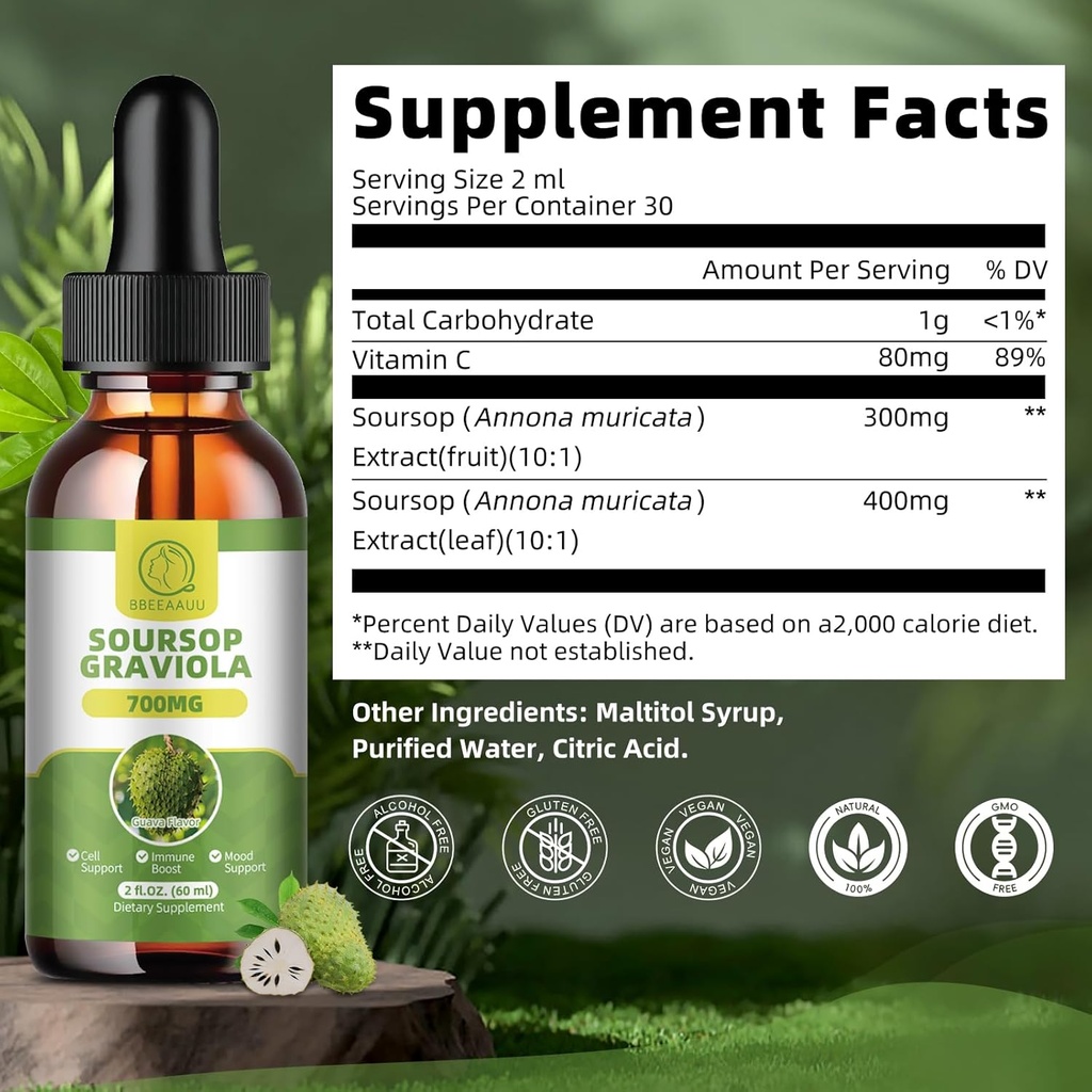 Soursop Graviola Liquid Drops, Soursop Leaves Extract for Immune, Antioxidant, Mood & Night Support, Soursop Bitters Liquid, High Absorption, Vegan, Gluten-Free, 2 Fl Oz 5