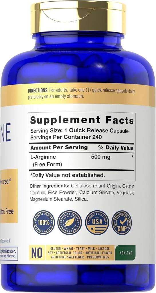Carlyle L-Arginine 500mg Capsules | 240 Count | Free Form | Non-GMO & Gluten Free Supplement 3