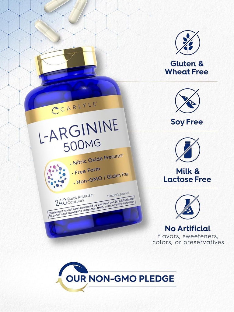 Carlyle L-Arginine 500mg Capsules | 240 Count | Free Form | Non-GMO & Gluten Free Supplement 6