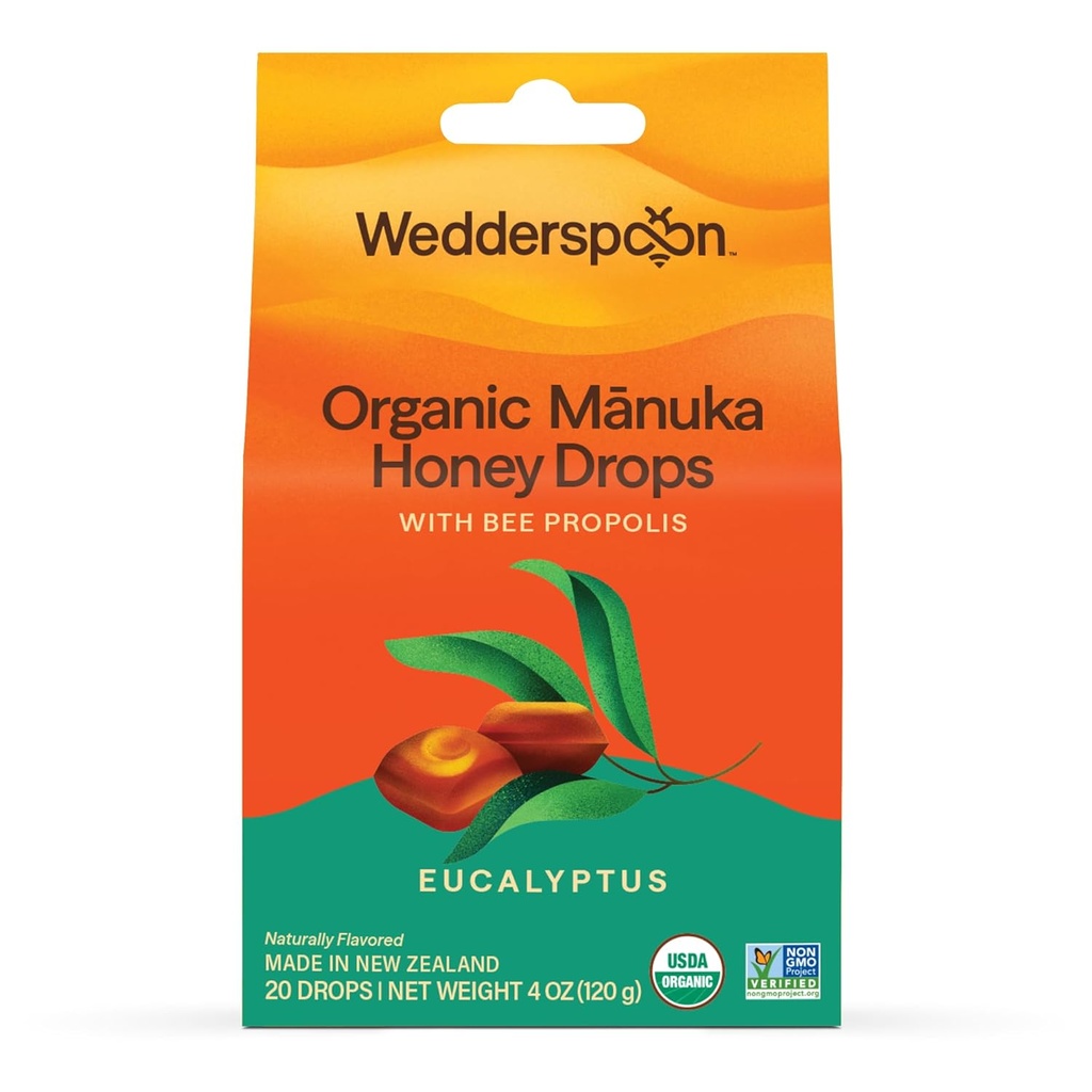Wedderspoon Organic Manuka Honey Drops, Eucalyptus & Bee Propolis, 20 Count (4oz) (Pack of 1)| Genuine New Zealand Honey | Perfect Remedy For Dry Throats 2