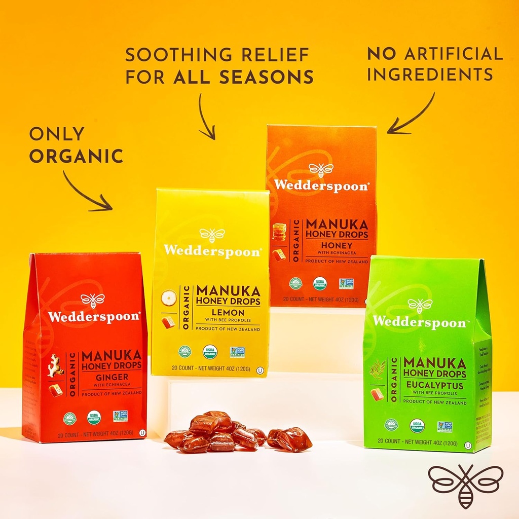 Wedderspoon Organic Manuka Honey Drops, Eucalyptus & Bee Propolis, 20 Count (4oz) (Pack of 1)| Genuine New Zealand Honey | Perfect Remedy For Dry Throats 5
