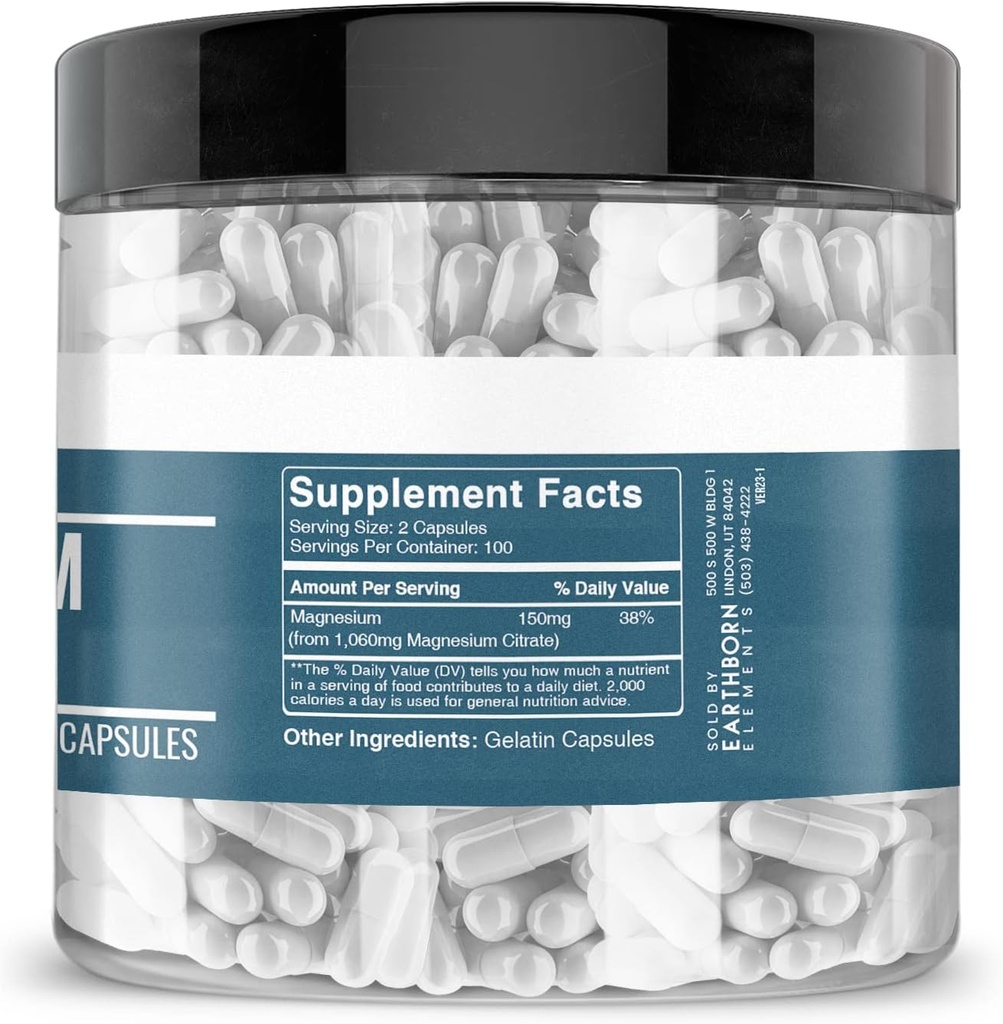 Earthborn Elements Magnesium Citrate 200 Capsules, Pure & Undiluted, No Additives 5