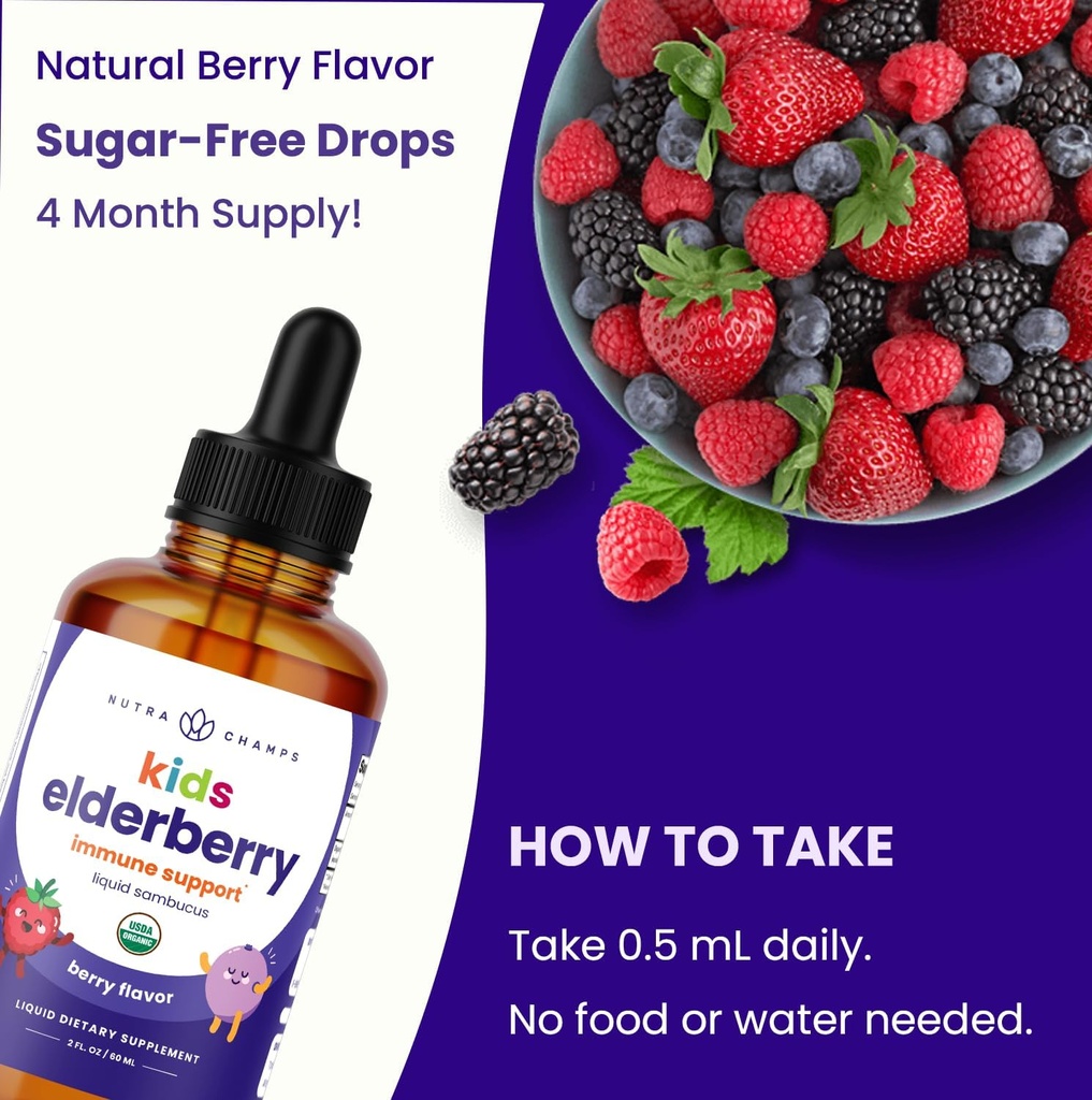 NutraChamps Black Elderberry for Kids Liquid Drops, 10:1 Extract Sambucus Elderberry Syrup for Kids, Sugar-Free European Elderberry Drops Berry Flavor, Immune Support, 4 Month Supply 4