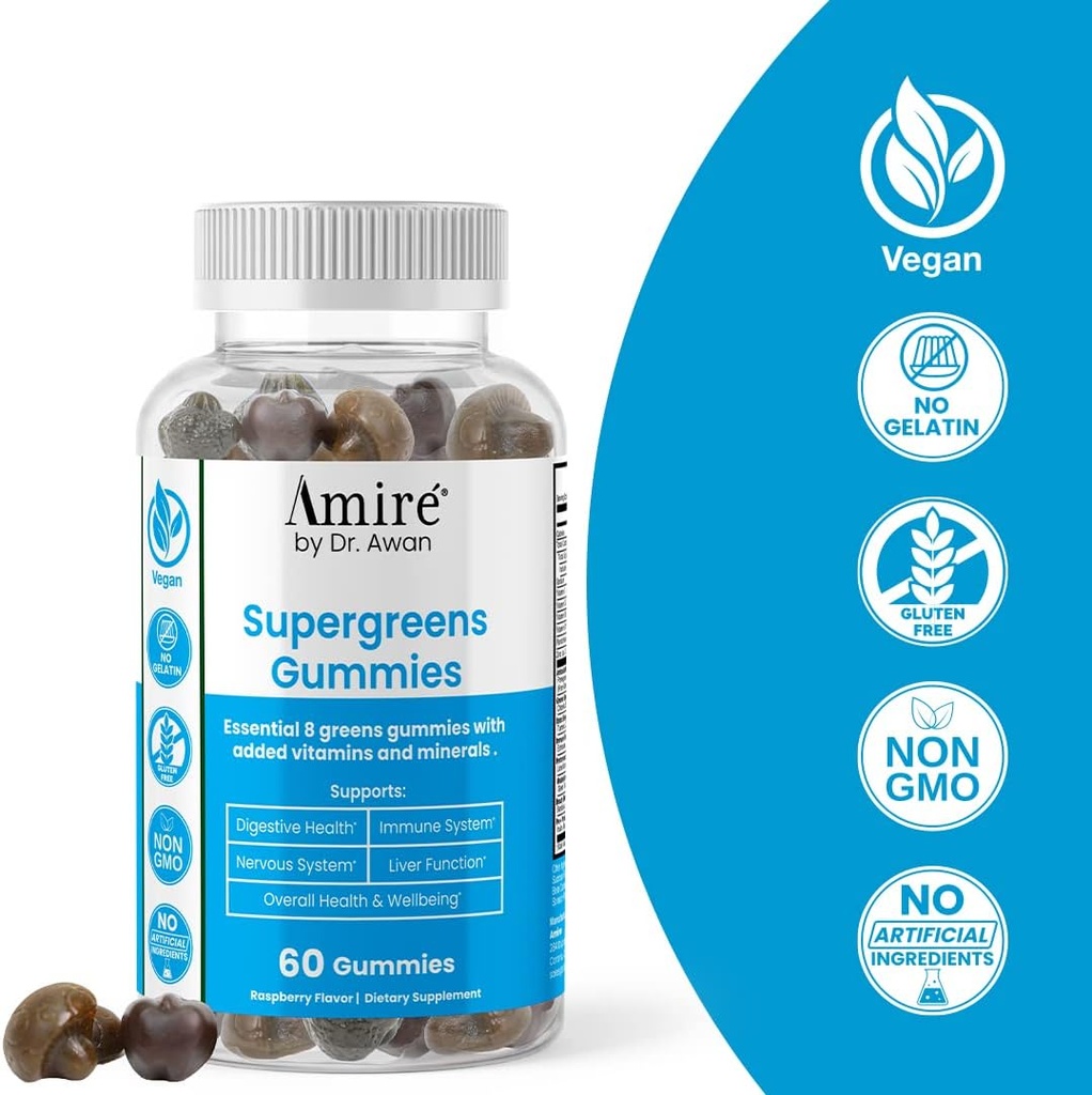 Amire by Dr. Awan Super Greens Gummies, Fruits & Veggies Supplement, Green Superfood for Immunity, Metabolism, Liver Function & Nervous System, Essential 8 Greens, 120ct, 60day Supply 5