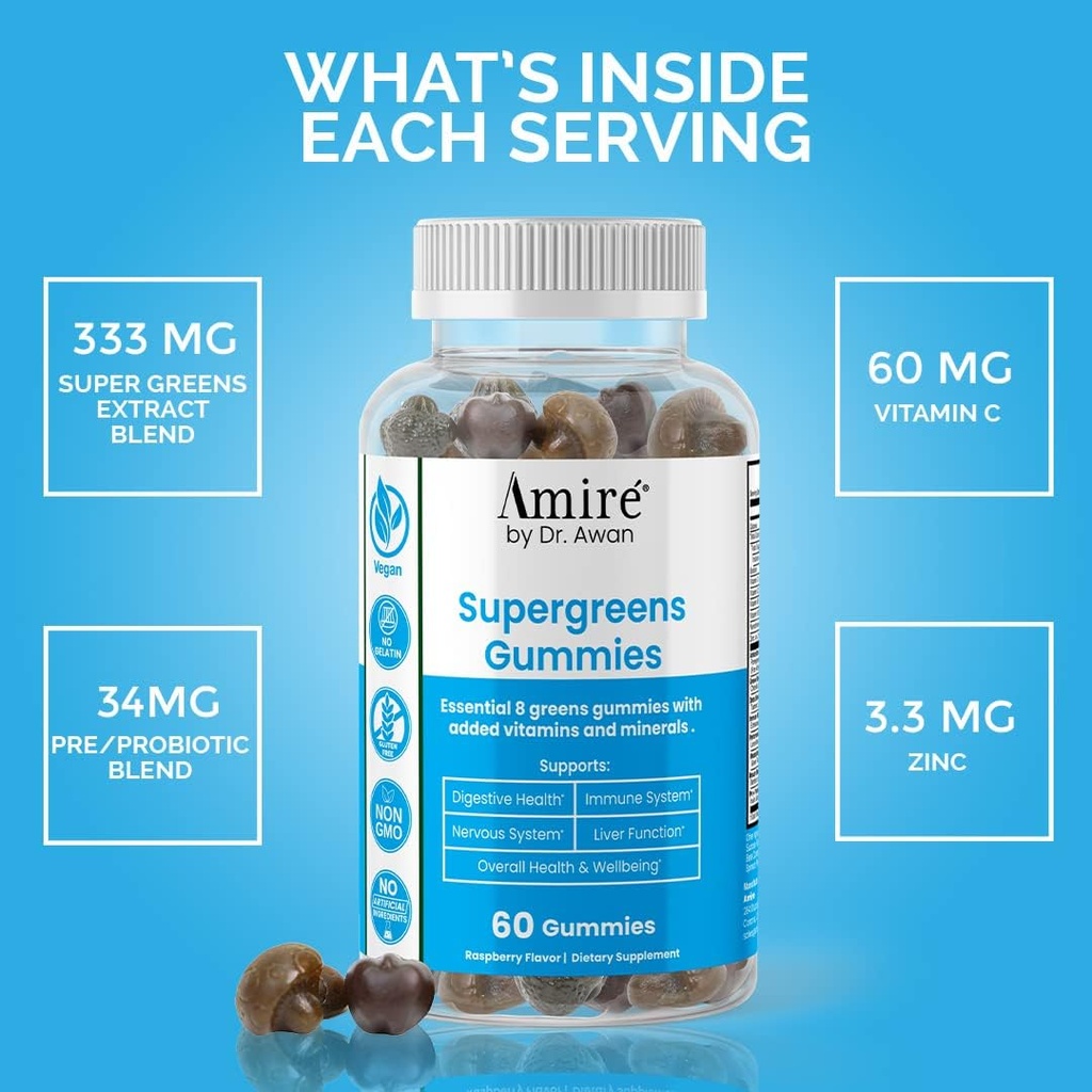 Amire by Dr. Awan Super Greens Gummies, Fruits & Veggies Supplement, Green Superfood for Immunity, Metabolism, Liver Function & Nervous System, Essential 8 Greens, 120ct, 60day Supply 6