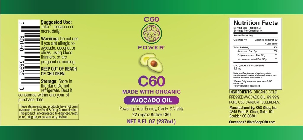 C60 Power - AVO 8-oz.- Organic Avocado Oil, 8 Fl Oz, 99.99% Pure Carbon Fullerenes, Lift Oxidative Burden, Optimize Mitochondrial Function 6