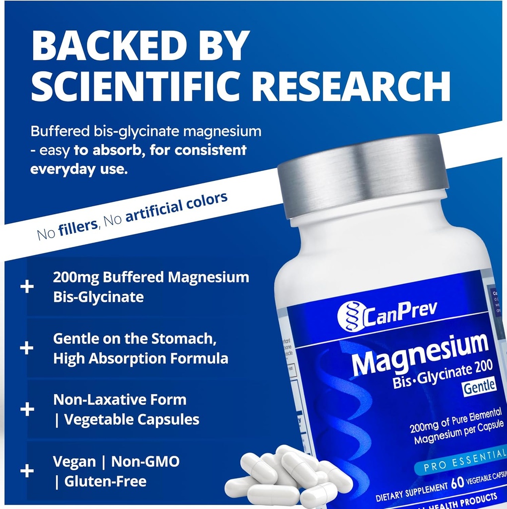 CanPrev Magnesium BisGlycinate 200mg Gentle 60 Veg Caps, 60-Day Supply, Chelated Magnesium Supplement for Bone & Muscle Support, Easy to Digest, Promote Relaxation & Comfort, Vegan, Non-GMO, No Sugar 4