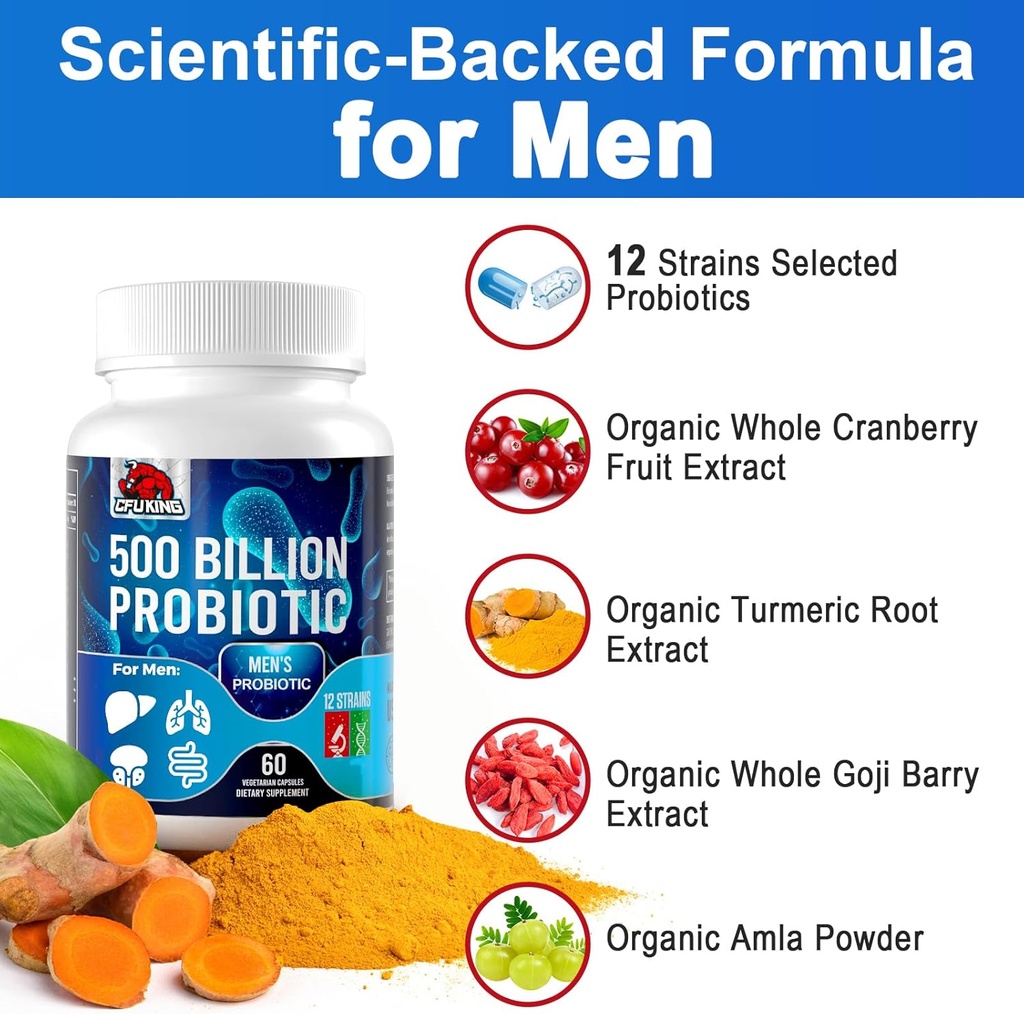 Probiotics for Men, 500 Billion CFU & 12 Mens Probiotic for Digestive Health + 4 Organic Prebiotic Fiber, for Digestive, Gut, Immune Health, Bloating, Gas, Energy Support, Shelf Stable - 60 Capsules 5