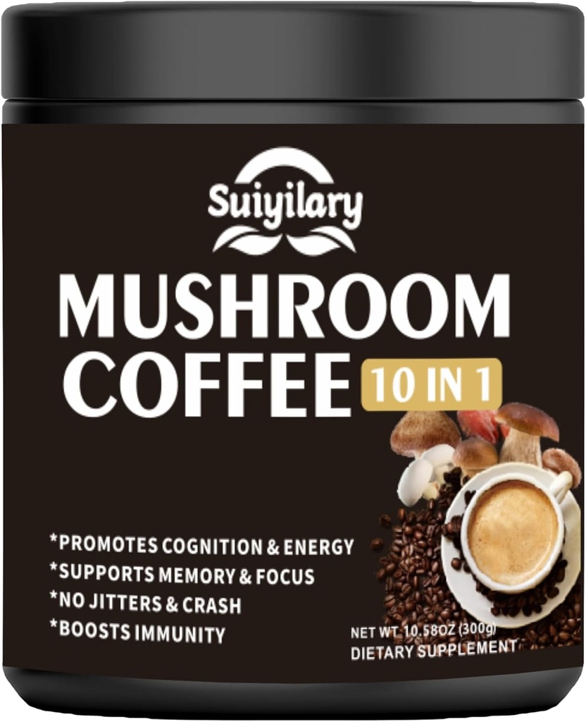 Mushroom Coffee, 10 Mushroom Extract Powder Blend Lion's Mane, Reishi, Chaga, Cordyceps, Turkey Tail, Brain Supplements with Instant Coffee for Energy, Focus, Memory and Immunity 300g 2