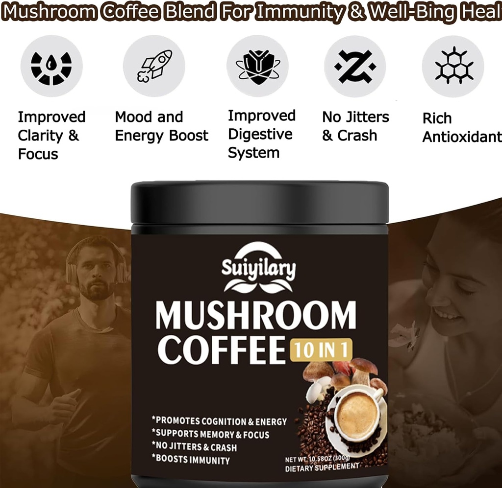 Mushroom Coffee, 10 Mushroom Extract Powder Blend Lion's Mane, Reishi, Chaga, Cordyceps, Turkey Tail, Brain Supplements with Instant Coffee for Energy, Focus, Memory and Immunity 300g 4