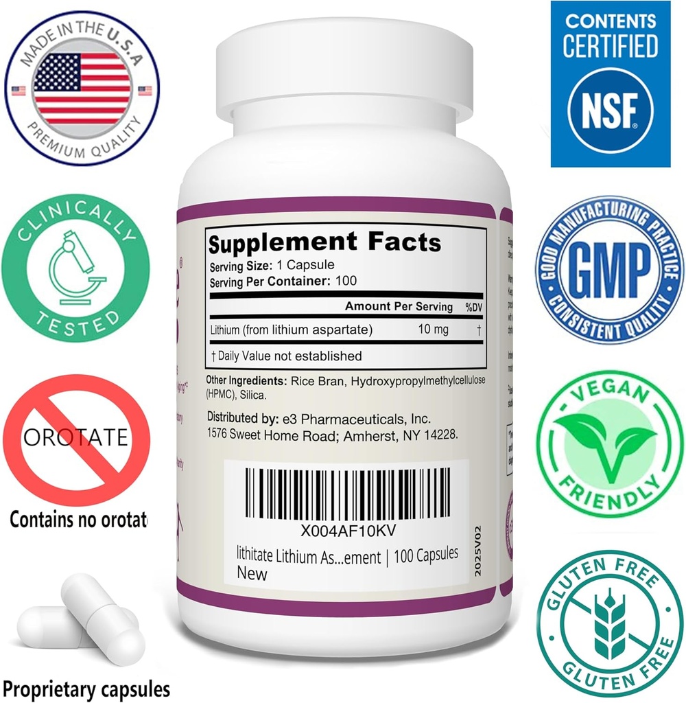 Lithium Aspartate 10mg | Supports Cognitive Function & Brain Health with Aging | NSF Certified | Promotes Mental Clarity, Healthy Mood & Longevity | Natural Supplement | 100 Capsules 3