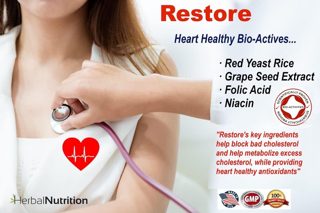 Restore - Supports Healthy Cholesterol, Red Yeast Rice, Grape Seed, Folic Acid for Advanced Lipid Control, All-Natural Bio-Actives, Help Promote Healthy Cholesterol (2) 5