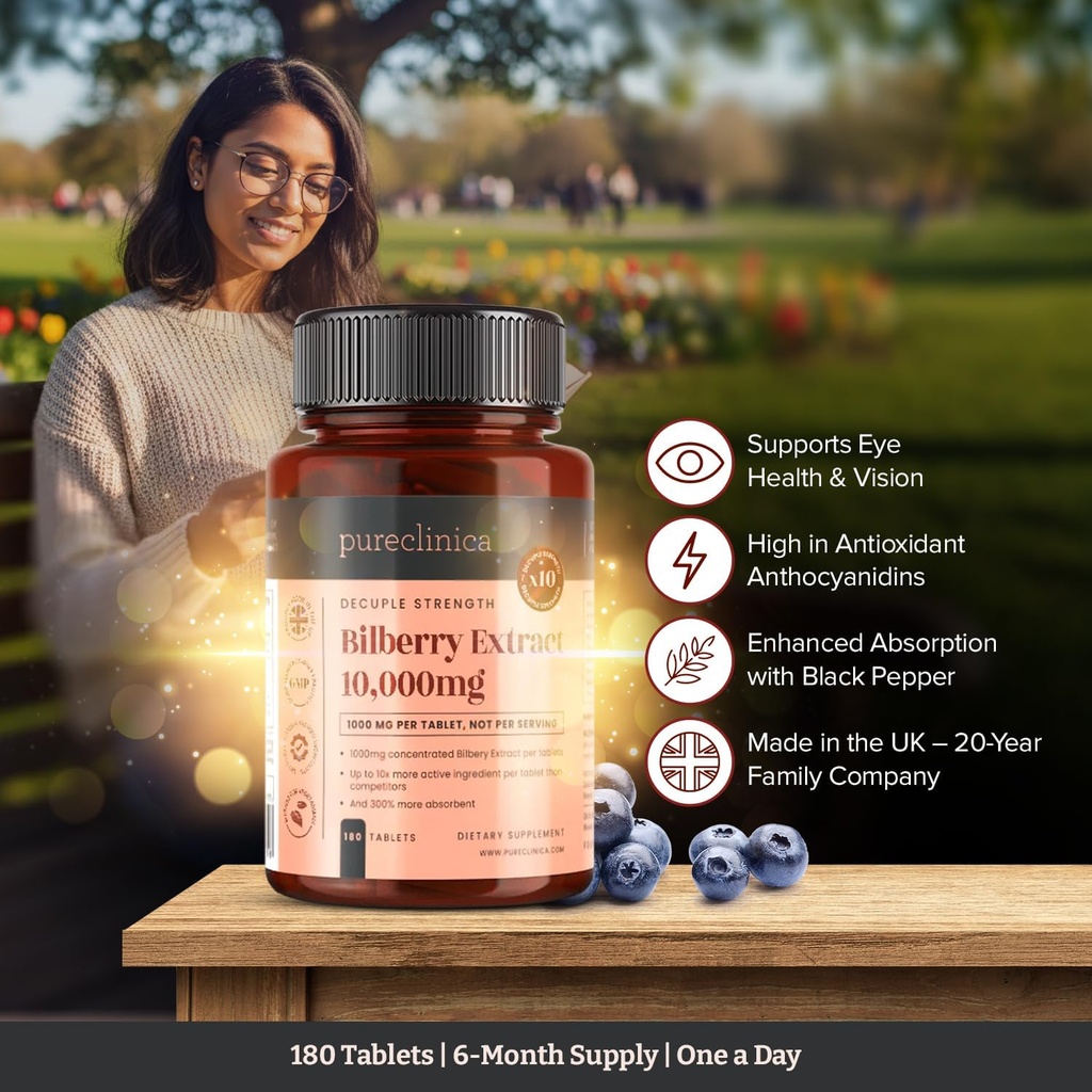 pureclinica Bilberry Extract 10,000mg x 180 Tablets (6 Months Supply)- 10X More anthocyanidin Plus 5mg Black Pepper per Tablet 5