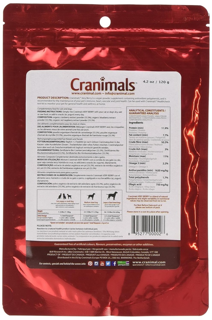 Cranimals Very Berry Antioxidant Superfood Berry Powder for Dogs and Cats - Natural Antioxidant Boost from Cranberries, Raspberries, and Blueberries, 120 g/ 4.2 Oz Bag 3
