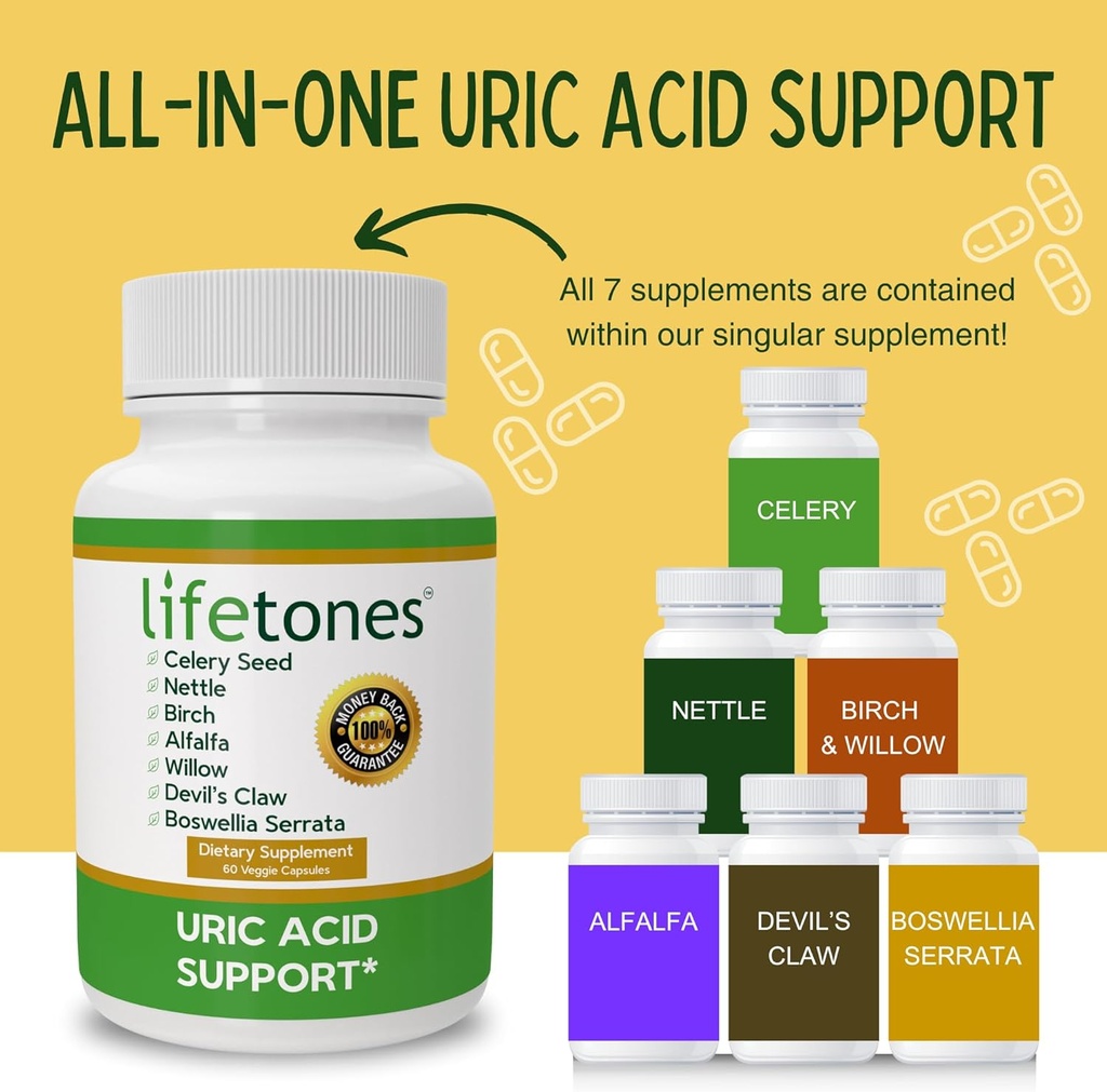 Lifetones Uric Acid Support - Herbal Joint Cleanse for Men and Women - Natural Remedy, Flexibility Boost - Non-GMO, Gluten-Free - 60 Vegan Vitamins 6