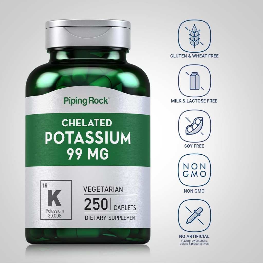 Piping Rock Chelated Potassium Supplement 99mg | 250 Caplets | Potassium Gluconate | Vegetarian, Non-GMO, Gluten Free 4