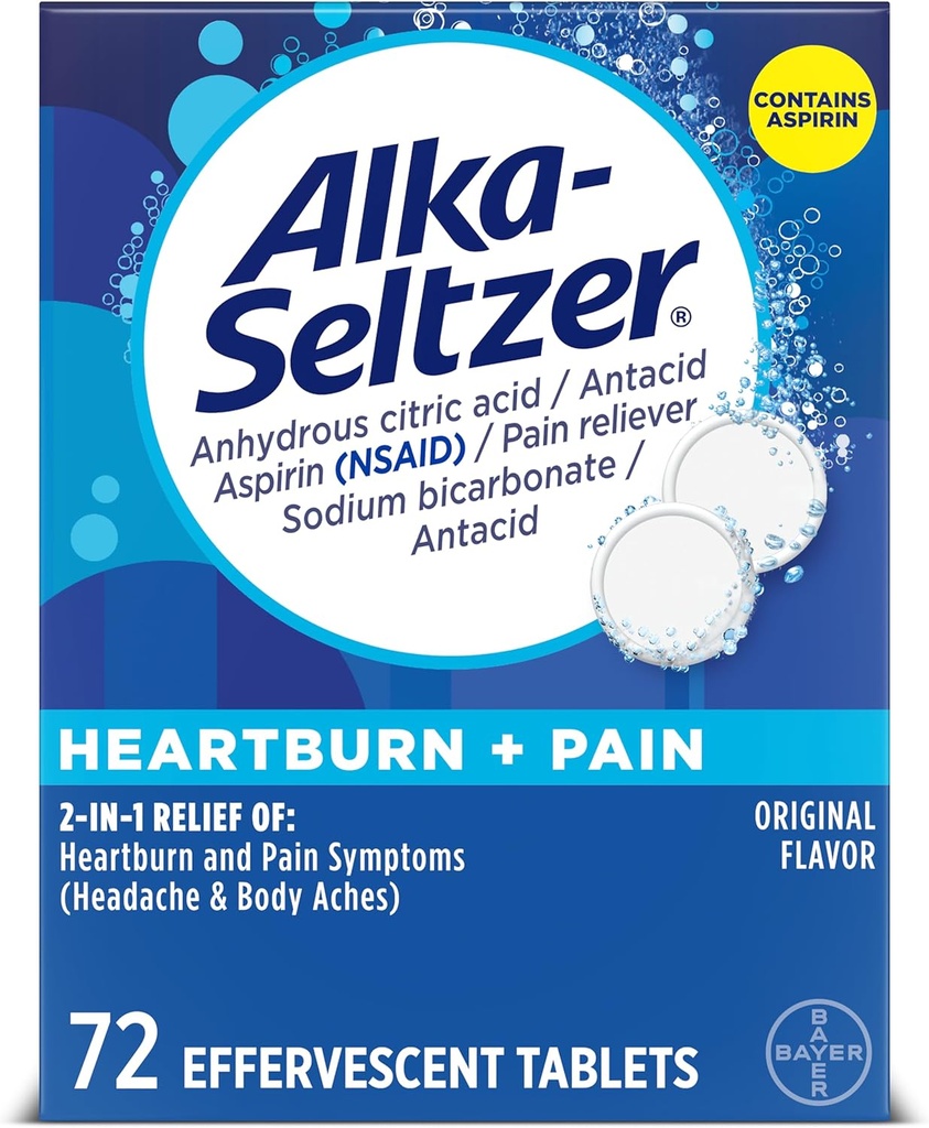 Alka-Seltzer Heartburn + Pain Effervescent Aspirin + Antacid Tablets, Fast Heartburn Relief and Acid Indigestion Relief, Pain Relief with Aspirin, 72 Ct 2