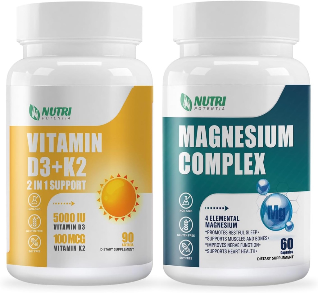 Vitamin D3 K2 with MCT Oil 90 Softgels & Magnesium Breakthrough Complex Supplement | Bone, Heart, Muscle & Nervous System Support - Non-GMO 2