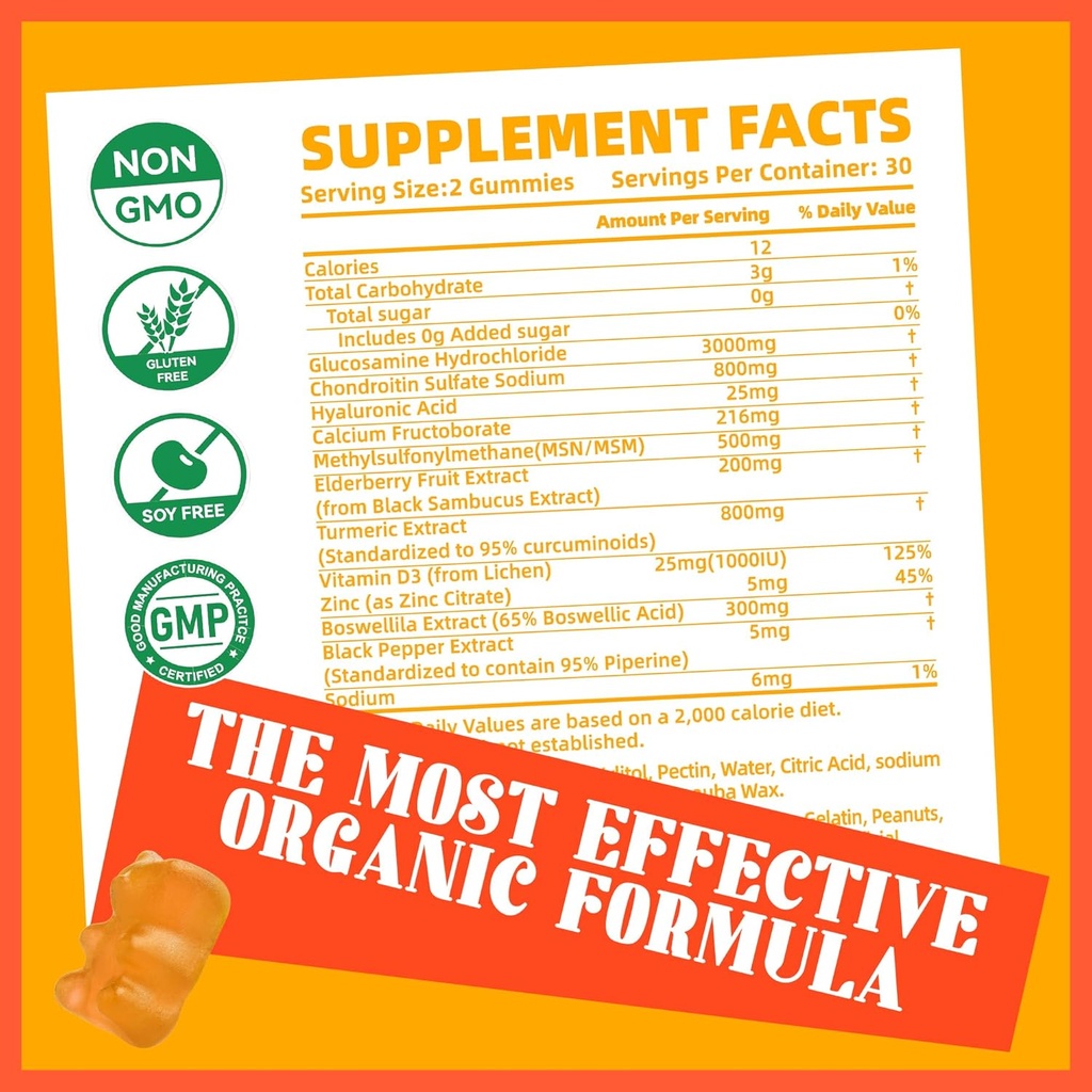 Pets Purest Glucosamine Chondroitin Gummies with MSM & Elderberry Extra Strength - Joint Support, Antioxidant Immune Support Supplement for Adults, Men & Women.Orange 3