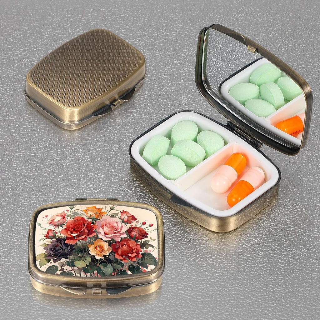 Dynippy Pill Case Pill Box with Mirror Retro Pocket 2 Compartment Medicine Case Vitamin Pill Organizer for Pocket Purse and Travel (Cute Flower) 3