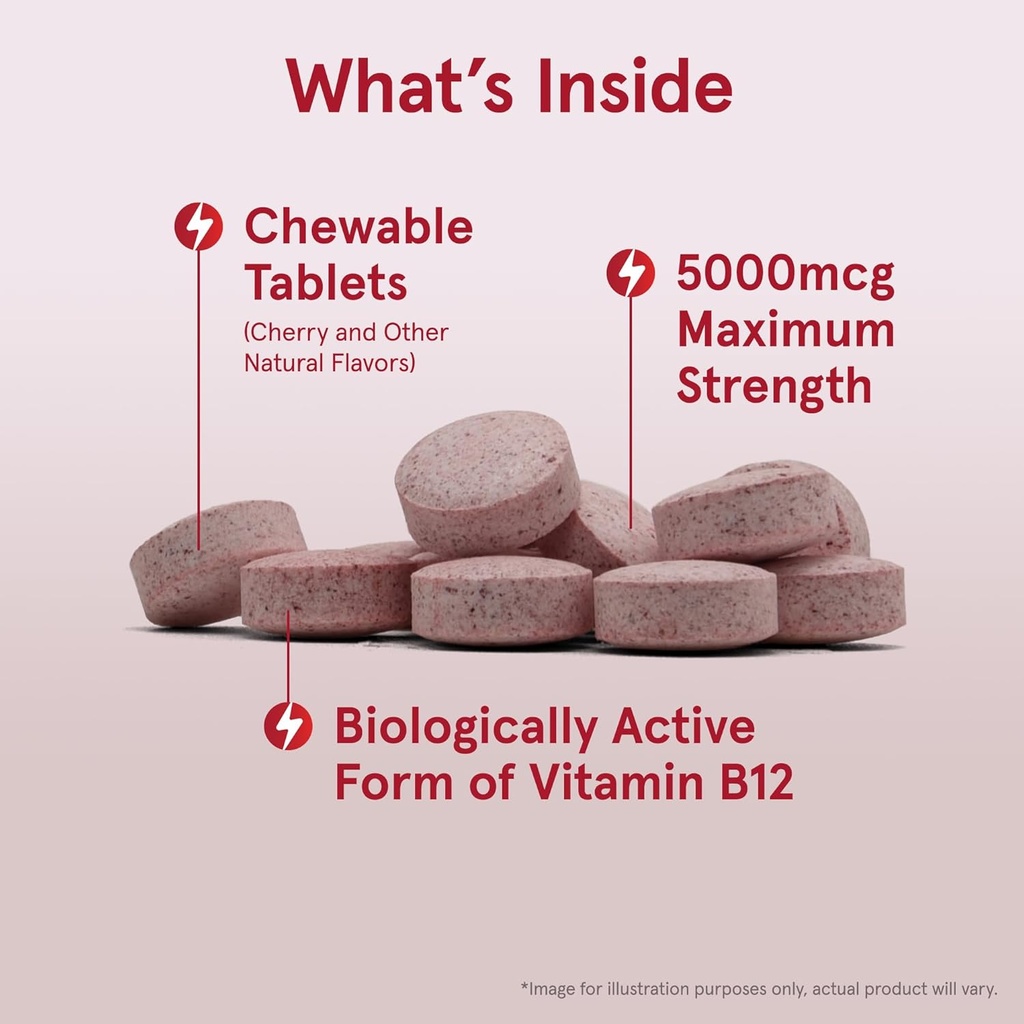 Jarrow Formulas Maximum Strength Methyl B-12 5000 mcg, Dietary Supplement for Cellular Energy Production and Brain Health Support, 60 Cherry-Flavored Chewable Tablets, 60 Day Supply, Pack of 12 3