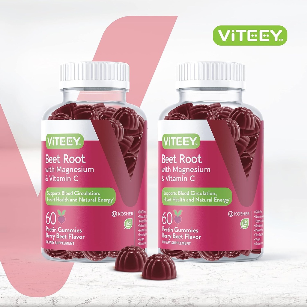 Viteey Beet Root Gummies with Magnesium & Vitamin C - Beetroot Supplement for Heart Health, Blood Pressure Support - Vegan, Gluten-Free - 120 Count 3