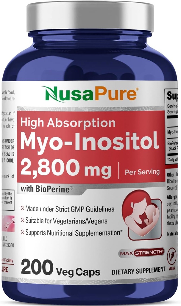 NusaPure Myo-Inositol 2800mg, 200 Capsules, Extra Strength Supplement, Non-GMO 2
