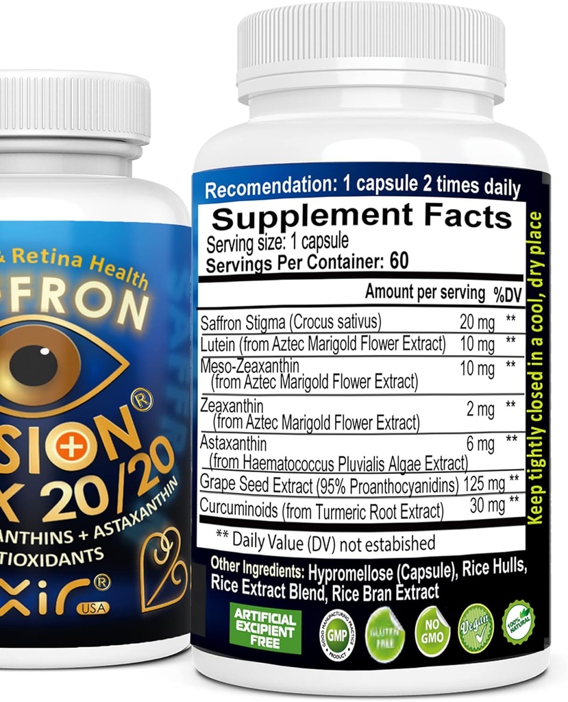 EXIR Eye Vitamins Lutein, Saffron Astaxanthin, Zeaxanthin, Grape Seed, Turmeric Supplement for Floaters, Strain, Pressure, Night Vision, VM20-60 Capsules 6