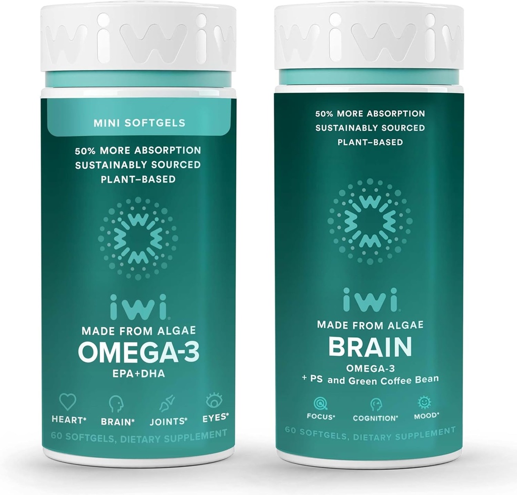 Iwi Omega-3 Minis & Brain Omega-3 Bundle, 30 Servings, Vegan Plant-Based Algae Omega 3 with EPA + DHA, Krill & Fish Oil Alternative, No Fishy Aftertaste 2