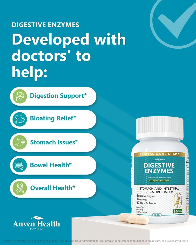 800mg Digestive Enzymes for Men and Women with Probiotics & Prebiotics, 8 Key Enzymes, Protease, Amylase & Lipase | 180 Capsules - A 60-Day Supply for Bloating & Gas Relief - Non-GMO 4