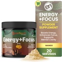 EarthNutri Energy + Focus Powder Supplement - Energy Boost & Helps Concentration with PeakO2, AlphaSize, Cognizin, PurCaf, Theacrine, Acetyl L-Carnitine L-Tyrosine – Mango Flavor - 20 Servings (171g) 2