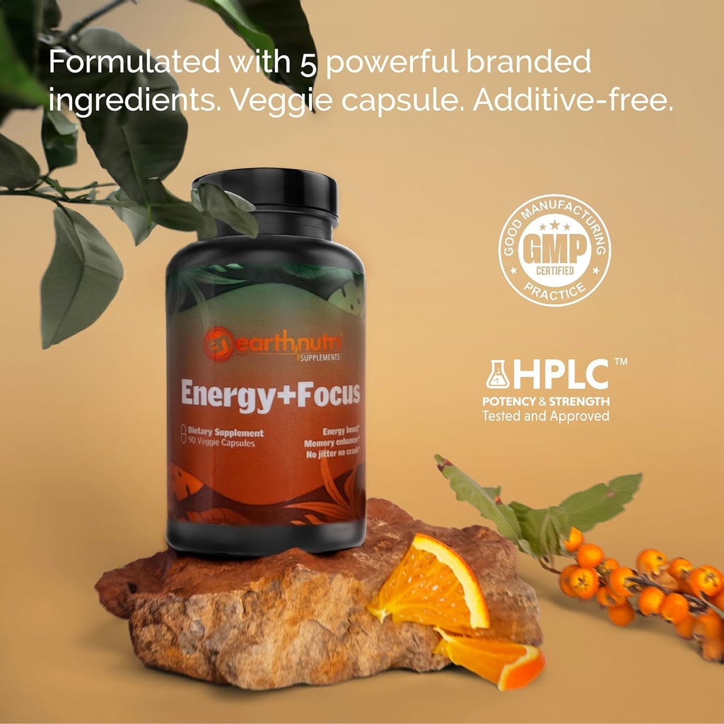 EarthNutri Energy + Focus Powder Supplement - Energy Boost & Helps Concentration with PeakO2, AlphaSize, Cognizin, PurCaf, Theacrine, Acetyl L-Carnitine L-Tyrosine – Mango Flavor - 20 Servings (171g) 4