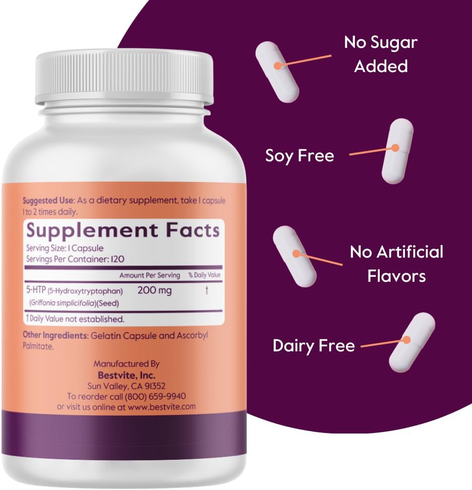 BESTVITE 5-HTP 200mg per Capsule (240 Capsules) (120 x 2) - No Stearates - No Flow Agents - Gluten Free - Non GMO 4